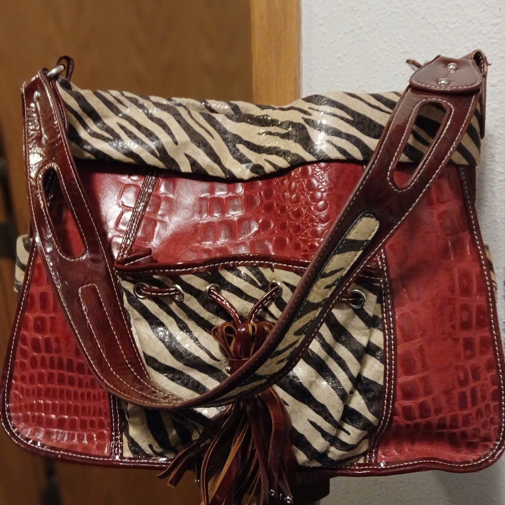 Madi Claire Tamara Red Croc & Zebra Print Leather Satchel Handbag
